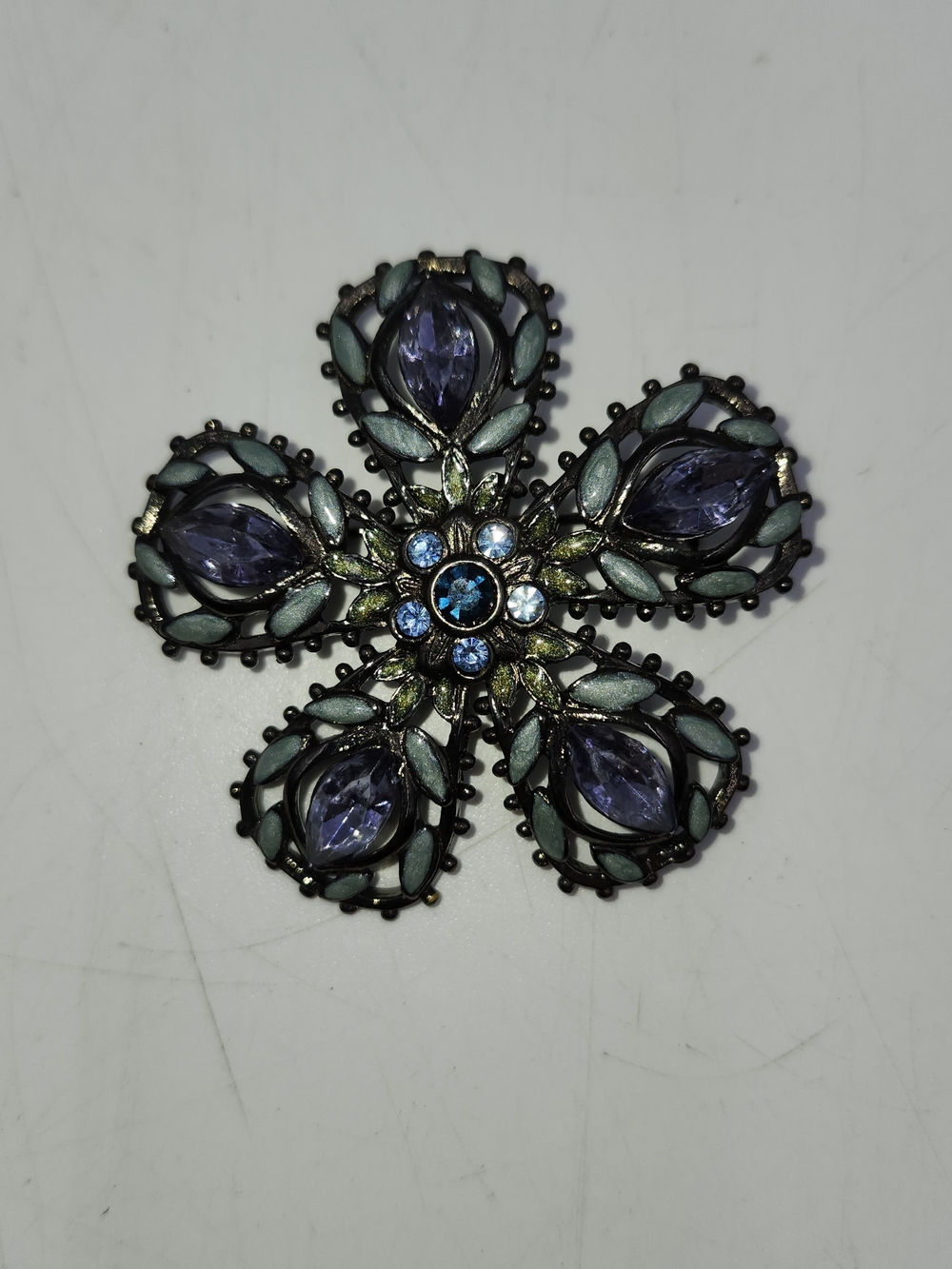 purple marquise-cut rhinestones Purple blue enamel Crystal leaf accents